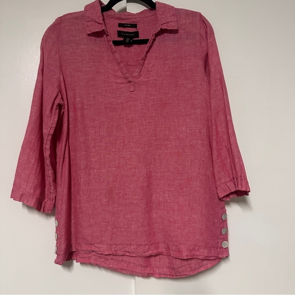 Tahari Shirt Blouse 100% Linen Pink Top Mother Of Pearl Buttons Size Medium